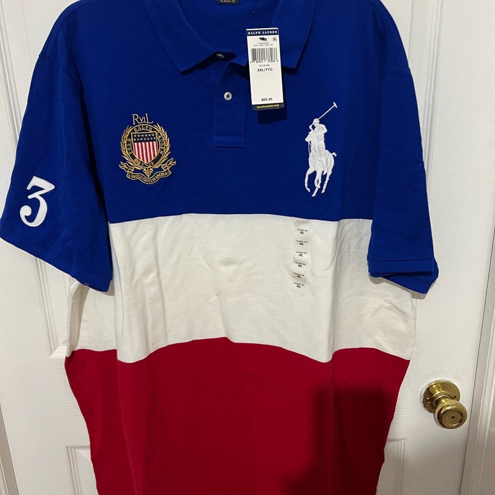 Ralph Lauren Men's Tricolor Embroidered United States XXL Big Pony Polo Shirt